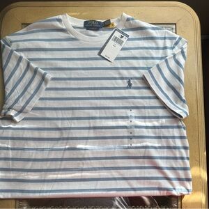 Ralph Lauren Men's White and Blue Striped Tee